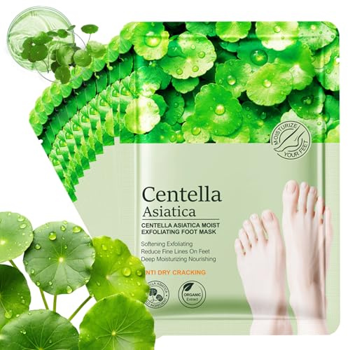 DRADERCH 10 Pares Mascarilla para Pies Hidratante Calcetines con Centella Asiática, Cuidado de Pies Suavizante contra Talones Secos y Agrietados, Exfoliante Suave para Pies Ásperos, Hombre y Mujer