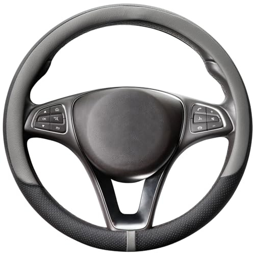 COFIT Coprivolante Auto in Pelle Microfibra Traspirante e Antiscivolo Copri Volante con Marcatura Centrale Copristerzo Rotondo Universale M 37-38cm Grigio e Nero