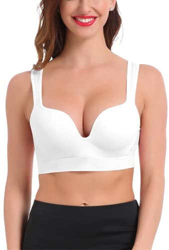 URPLITY Women's Seamless Sports Bra Yoga Bra Padded Cotton High Impact Push up Support Pullover Breathable Comfy Sport Camisole U Plunge Bra, White, M
