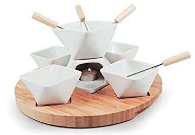Swissmar Rubik Chocolate Fondue Set – Modern Ceramic Fondue with Bamboo Tray, 4 Bowls & 4 Forks – Perfect for Chocolate, Dips & Snacks – Microwave, Oven, Dishwasher Safe – Ideal for Entertaining