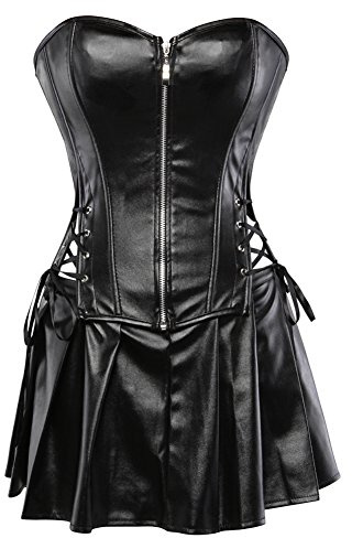 Grebrafan Corset Cuero Corsé Mini Falda Conjunto Gotico (EUR(38-40) XL, Negro)