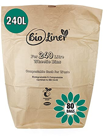240 Litre x 80 Paper Compostable Wheelie Bin Liners - Biodegradable Sacks/Liners - Bioliner Eco Sack Bags with All-Green Composting Guide