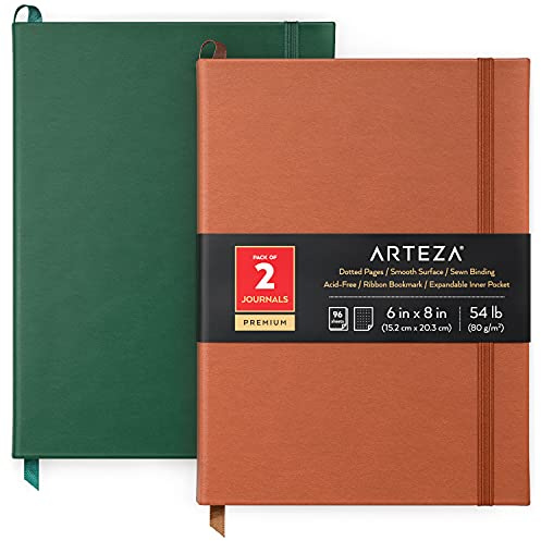 ARTEZA Set di Quaderno da Disegno Notebook Puntinato 15,2x20,3cm (2 Pezzi, Colori Verde Caccia e Marrone), Quaderno Copertina rigida con Fogli Bianchi Libro Punteggiati da Scrivere (96 Pagine).