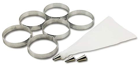 NEWLINE NY Kit de cuisson d'anneaux de tartelettes à la française en acier inoxydable - 6 anneaux ronds perforés + 3 buses + 1 kit de poche à douille de décoration
