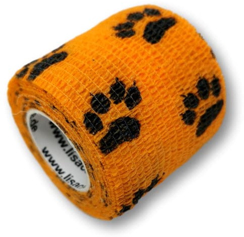 LisaCare Wundversorgung Hund - 2 Rollen 5cm breit | Fixierverband für Haustiere & Pferde - kohäsiv, selbsthaftend, elastisch - Riesige Farb- & Motivauswahl (Pfote Orange)