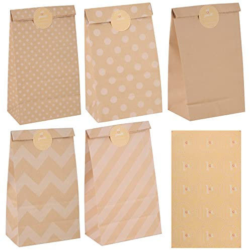 30 Stück Geschenktüten Weihnachten, 24x13x8cm Papiertüten Braun Klein Kraftpapiertüten Partytüten mit 30 Aufkleber Candy Tüten Butterbrottüten für Adventskalender Weihnachtsgeschenke