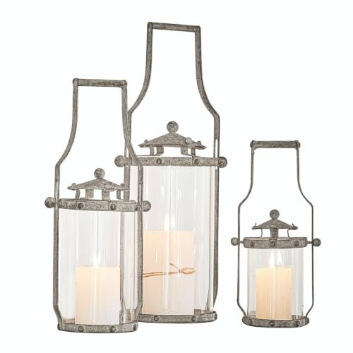 Loberon Laterne 3er Set Nery, antikgrau/klar | DREI Größen, reizendes Antik-Finish, schicke Tragegriffe, Wohn-Accessoires, Windlichter, Eisen, Glas