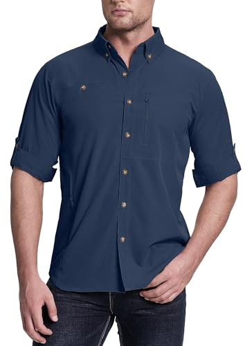 33,000 fot safari-skjorta herr långärmad sportskjorta UPF50 UV-skydd funktionell skjorta andas button-down skjorta med fickor för vandring fiske resor, Marinblå, L