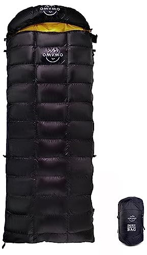 OMVMO 20 Grad F Daunenschlafsack für Erwachsene, 4-Jahreszeiten-Umschlag, rechteckiger Daunenschlafsack für Rucksackreisen, Camping, schwarz, 50 °C, rechts lang