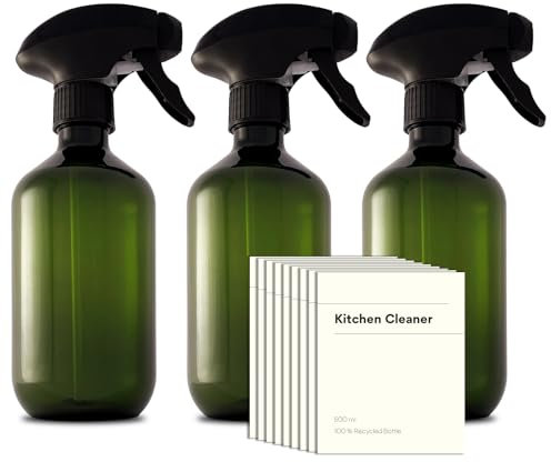 Recycled Plastic Spray Bottles 3 x 500ml with 9 x Waterproof Labels; Eco-Friendly, Refillable, Reusable Empty Bottle Set; Leakproof Trigger Sprayer for Cleaning, Garden, Kitchen, Plant Misting, Water