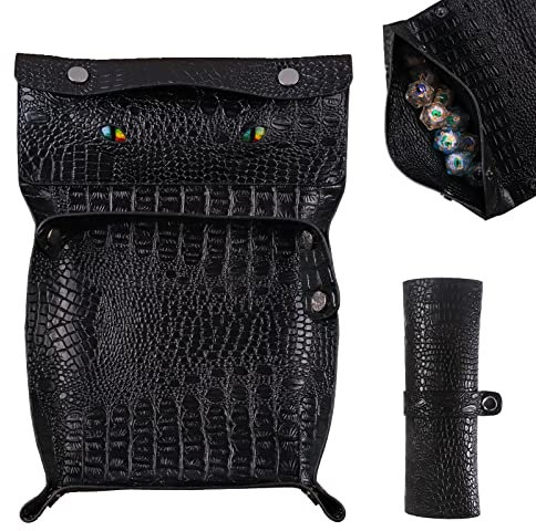 DND Würfelteller & Würfelbeutel 2 in1, Schwarzes PU Leder Dice Tray, Würfelbox Enthält Einen DND Würfelbeutel Zum Verstauen Von Münzen und Würfeln, Glow in The Dark Green Eye Würfelunterlage