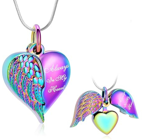 Minicremation Heart Urn Necklace Pendants for Ashes Angel Wings Cremation Jewelry for Women Men Keepsake Memorial Ash Jewelry Always in my Mind Forever in my Heart