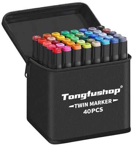Tongfushop 40 Colored Marker Set, Colouring Pens for Adults, Dual Tip Art Alcohol Markers, Permanent Felt Tip Pens for Drawing, Sketching, Anime, Manga, Fun doodling with Carrying Case & Storage Base