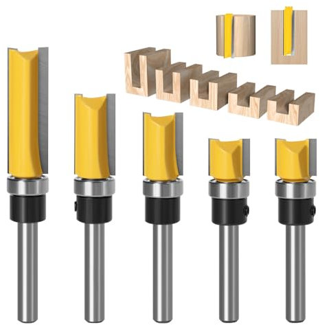 Palwin Bündigfräser 6.35mm, 5 Stück Bündigfräser Kugellager, Schaft Bündigfräser Set mit Kugellager, Doppelseitiger Fräser für oberfräse 11.9mm,20mm,25mm,38mm