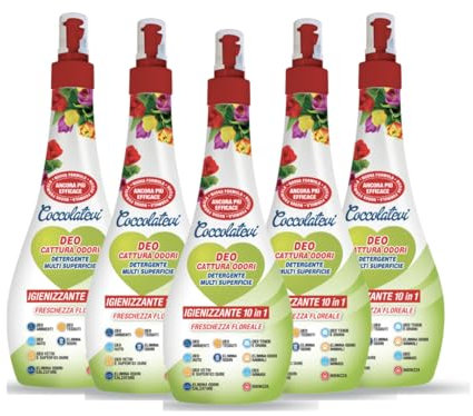 COCCOLATEVI Deo 10 in 1 Freschezza Floreale 300 ml x 5 Cattura Odori, Detergente Igienizzante Multi Superficie con Alcol 50°, Igienizza, Pulisce, Deodora e Profuma
