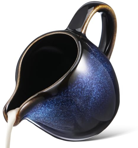 Zerodeko Gravy Boat with Handle and Dripless Spout Ceramic Sauce Bowl Dish Porcelain Creamer Pitcher Japanese Creamer Cup Coffee Milk Pourer Vinegar Pot for Syrup Blue