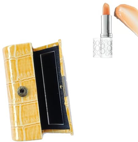 XIAOBUU Leather Lipstick Case Organiser - Durable Waterproof Holder With Button Closure and Makeup Mirror - Cosmetic Storage Box (Yellow)
