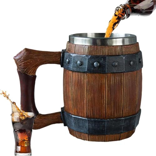 Boccale da birra antico fatto a mano, in acciaio inossidabile in resina con manico in pelle, fatto a mano antico uomo barile birra tazza, resistente alla ruggine, ottima idea birra boccale da birra in