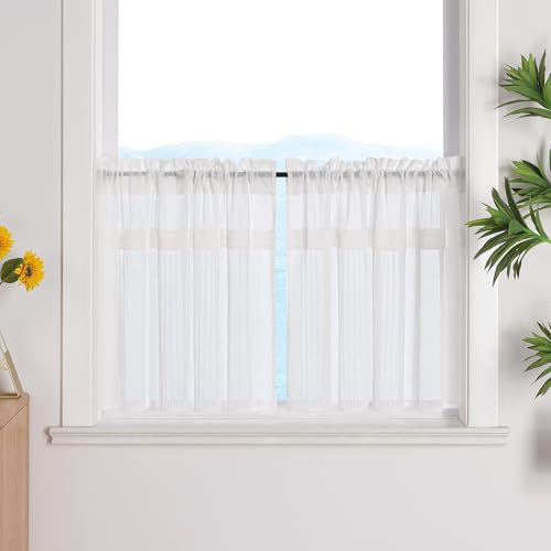 ESLIR Scheibengardinen Leinen Set Bistrogardinen Küche Gardinen Weiß Transparent Kurzstores Landhaus Vorhänge Weiß BxH 45x90cm 2Stück