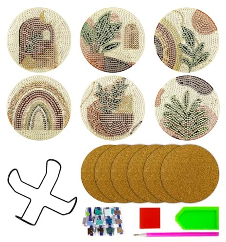 DHSBGWSX Juego de 6 Posavasos de Madera con Marco de Hierro, Redondos con Patrones de Plantas, Multicolor