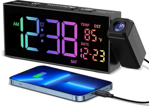 Projection Alarm Clocks Bedside, Loud Alarm Clock with 350° Rotatable Projector, Temperature, Date, 10 Alarmtones, 4 Volumes, 5 Dimmer, USB Charger, Projector Alarm Clock for Bedroom Living Room
