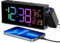 Reloj despertador de proyección para mesita de noche, reloj despertador con proyector giratorio de 350°, temperatura, fecha, 10 tonos de alarma, 4 volúmenes, 5 reguladores, cargador USB, reloj