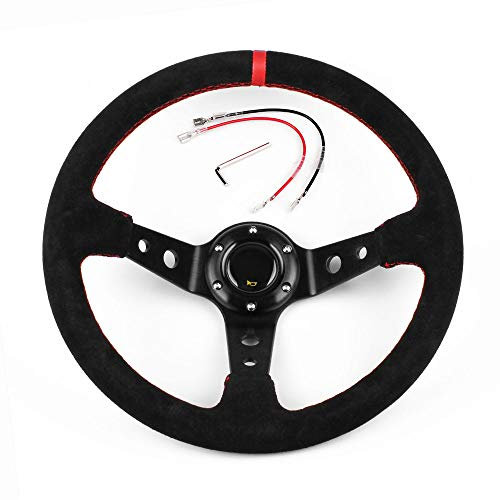 ZiYouao Sportlenkrad Universal 350mm 14 Zoll Racing Lenkrad Auto Rallye Rennen Wildleder Lenkrad Holzlenkrad(Red)