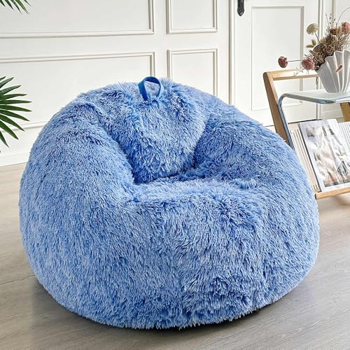 LIFEREVO Fluffy Faux Fur Bean Bag Chair Cover Blue (No Filler), Ultra-Soft Stuffed Animal Storage Bean Bag Kids Adults, Premium Anti-Slip Furry Beanbag Cover for Plush Toys Memory Foam (Ombre Blue)