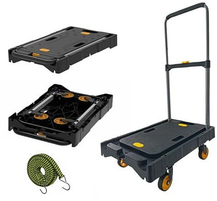 Platform Truck Folding Hand Truck 300 LB Heavy Duty Utility Dolly Flatbed Luggage Push Cart Fully Folded Compact Cart, Portable Trolley with 1 Elastic Ropes, Easy Storage & Lightweight for Moving