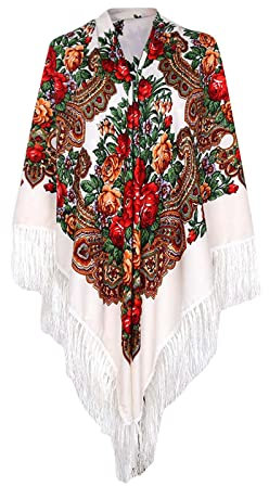 Traditioneller Schal für Damen mit Quaste Fransen Halstuch Kopfschal Retro-Schal Blumenmuster Poncho-Druck Damen Russischer Pawlow Pavlovo Posad Schal Tuch Umschlagtuch