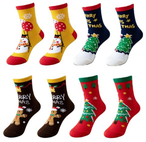 ZEPIQOR 4 Paires Chaussettes de Noël, Chaussettes Enfant en Coton et en Feutre pour Cadeaux de Noël