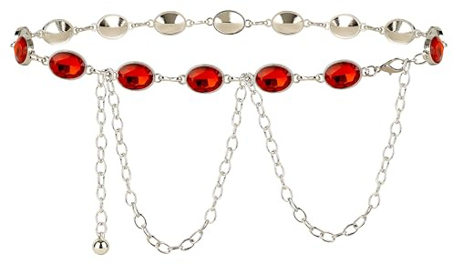 Cinturón de cadena de talla grande para mujer, cinturón de cintura con joyas falsas, cadena corporal gruesa extra larga ajustable de 51 pulgadas para vestidos, fiestas, ropa informal (Rojo)