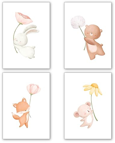 Generisch Damalia | 4 Bilder Kinderzimmer | Glückliche Tiere mit Blume | Poster A4 ohne Bilderrahmen | Kinderzimmer Poster | Mädchen und Jungen | ca. 21x30 cm | TiereBlume004