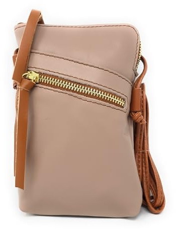 Monahay Vera Pelle MH9723 Sac à bandoulière en cuir italien véritable pour téléphone portable et passeport, Sangle rose/marron clair
