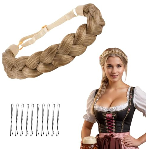 LunarCharm Damen-Haarband mit 3 Strängen, mit Bobby pin, verstellbares geflochtenes Stirnband, Haarteil für Hochzeit, Bayern, Oktoberfest, braun