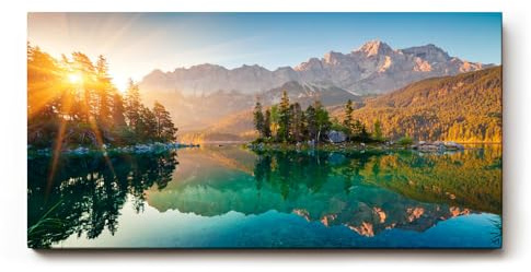 Sinus Art Wandbild 120x60cm Stimmungsvolles Bergmotiv mit Spiegelung im See und Sonnenaufgang für naturnahe Atmosphäre