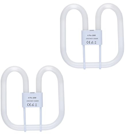 B4U 2 Pack GR10q 4 Pin 28W Bathroom Light Bulbs, 4 Pin Compact Fluorescent CFL Low Energy Light Bulbs 28W, 2D Flat Butterfly Bulb for Flush Ceiling Light, Warm White 3500K