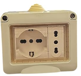 Cassetta Elettrica da Esterno IP55 con Sportellino, 3 Moduli Presa Schuko P40 + Presa Bipasso 10/16A, Kit Scatola Pronta da Muro (3 POSTI SCHUKO10/16 + BIPASSO 10/16)
