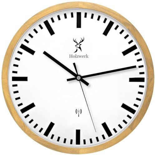 Holzwerk Germany Natur Funkwanduhr Funk Wanduhr Holz-Uhr Retro Vintage Funkuhr lautloses Uhrwerk ohne Tickgeräusche Braun Weiß Massive Buche lautlos aus handgefertigtem Massivholz Natur Holz 30 cm