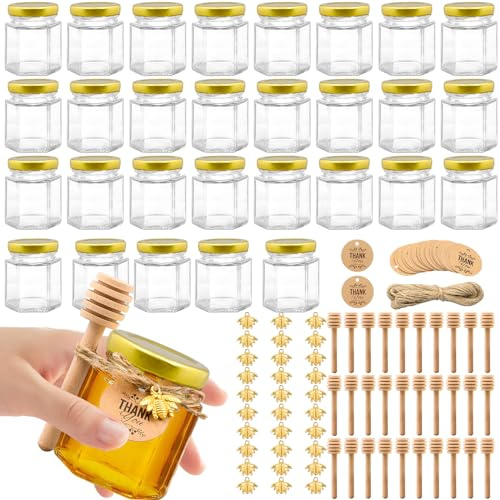 HFZCV 30 Stück Kleine Honiggläser 180ml, leer Marmeladengläser Mini Hexagon Glas, Mini Honiggläser Glashoniggläser leer Marmeladengläser mit Holzlöffeln für Baby Dusche, Hochzeit Gastgeschenk