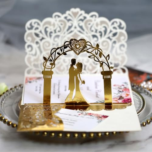 Pop Up Karte Hochzeit 3D, Hochzeitskarte mit Brautpaar und Weißem Umschlag, Romantische Glückwunschkarte für Standesamt, Kirchliche Trauung und Hochzeitstag (Gold)