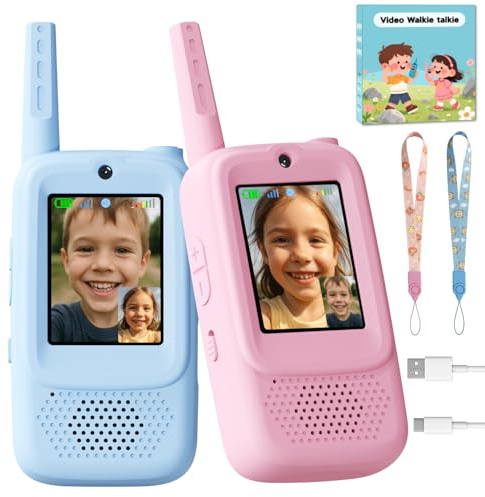 Video Walkie Talkies for Kids, Handheld 2 Pack Rechargeable Video Walkies Talkies, Indoor Outdoor Toys Christmas Birthday Gifts for Age 3-12 Year Old Girls Boys (Blue & Pink)