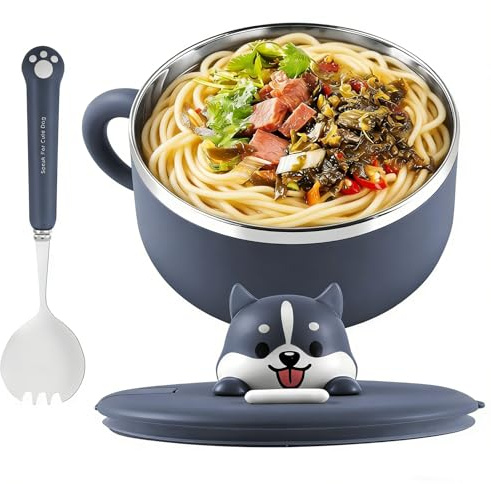 wiksite Ramen Bowls Stainless Steel Noodle Bowl with Lid and Spork, Speedy Soup Bowl with Handles Portable Salad Bowls Heat Resistant Instant Serving Noodle Cooker Pasta Bowl (Grey)