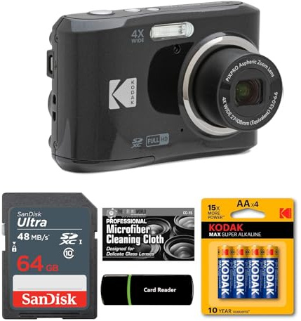 Kodak PIXPRO FZ45 16MP Digital Camera 4X Optical Zoom 27mm Wide Angle 1080P Full HD Video 2.7 LCD Camera (Black) + 64GB Card and Reader + AA Batteries (4-Pack) + Cleaning Cloth
