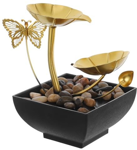 ANDRESLAD Fontana da Tavolo Decorativa a Cascata con Foglia di Loto Dorata, Fontana per Interni in Resina e Ferro con Umidificatore D’aria, per Scrivania e Spazi Casa Ufficio