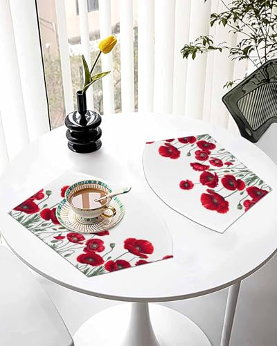 Round Table Placemats Set of 2, Spring Red Opium Poppy Flower Wedge Table Mat Washable Placemat, Summer Watercolor Plant Fan Shape Place Mats for Kitchen Indoor Outdoor