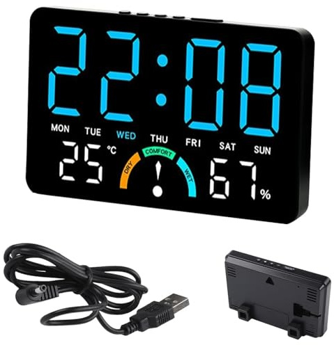 KQWVZ LED digital väggklocka med larm, temperatur, datum, vecka, justering av ljusstyrka, komfort, 16 x 10 x 3,3 cm LED väggklocka, digital, digital väggklocka, batteridriven för hem, sovrum
