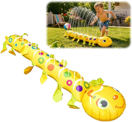 Panemy Piscine Gonflable pour Enfants, Pataugeoire avec Arroseur et Fontaine, Jeu d'eau Extérieur de Jardin, Familiale (Jaune, 140 * 45CM)