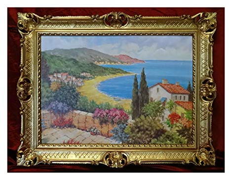 Lnxp SEE STRAND LANDSCHAFT SEETERASSE BILDERRAHMEN GEMÄLDE BILD MIT RAHMEN ANTIK BAROCK ROKOKO 90x70 cm Strand Meer Wellen Maritime 90x70 cm Bilder Barock Antik Repro P-8 58B