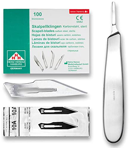 May Set 100 Stück Skalpellklingen Figur 10A aus Karbonstahl Ersatzklingen einzeln steril verpackt + 1 x Skalpellhalter mit 13,5 cm langem und bauchigen Griff aus Edelstahl